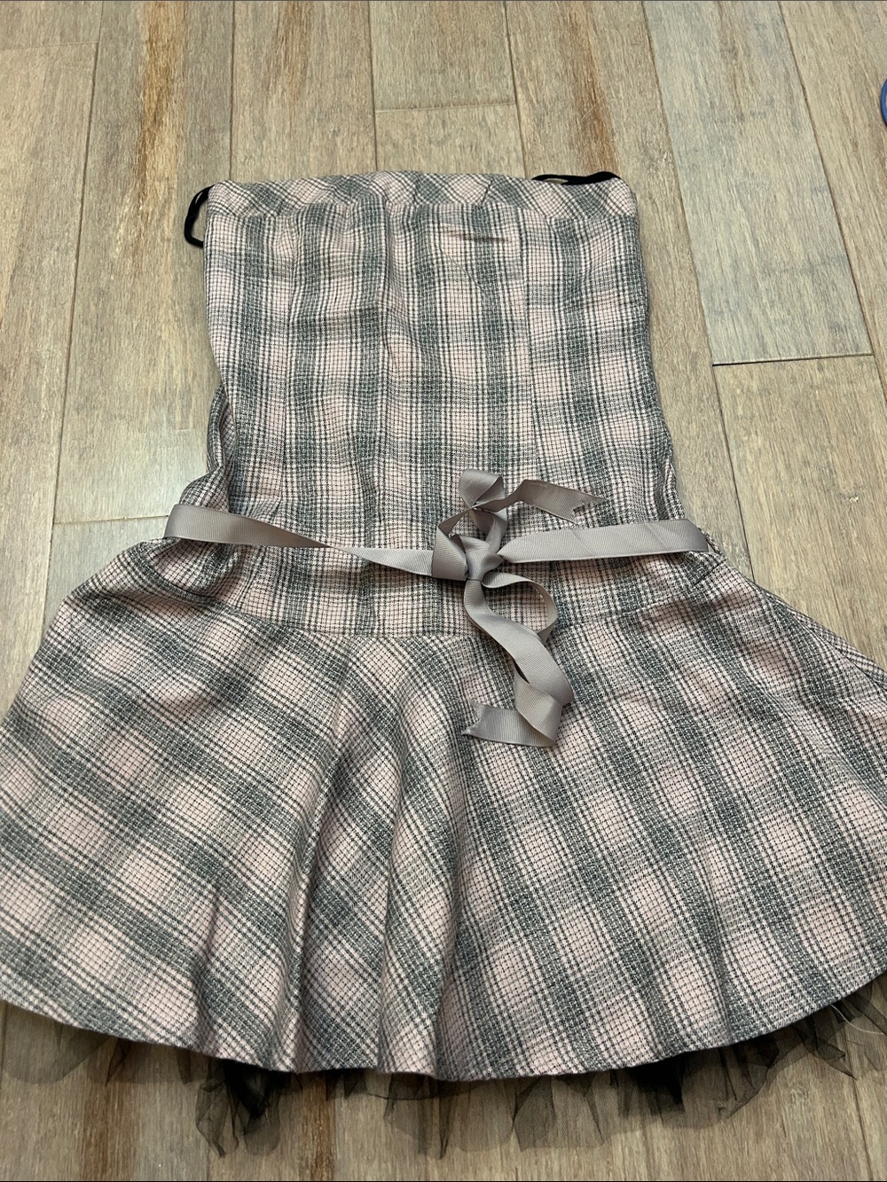 VTG Y2K Miss Me Pink and Gray Plaid Strapless Mini Dress with Bow tulle skirt S - Picture 2 of 6